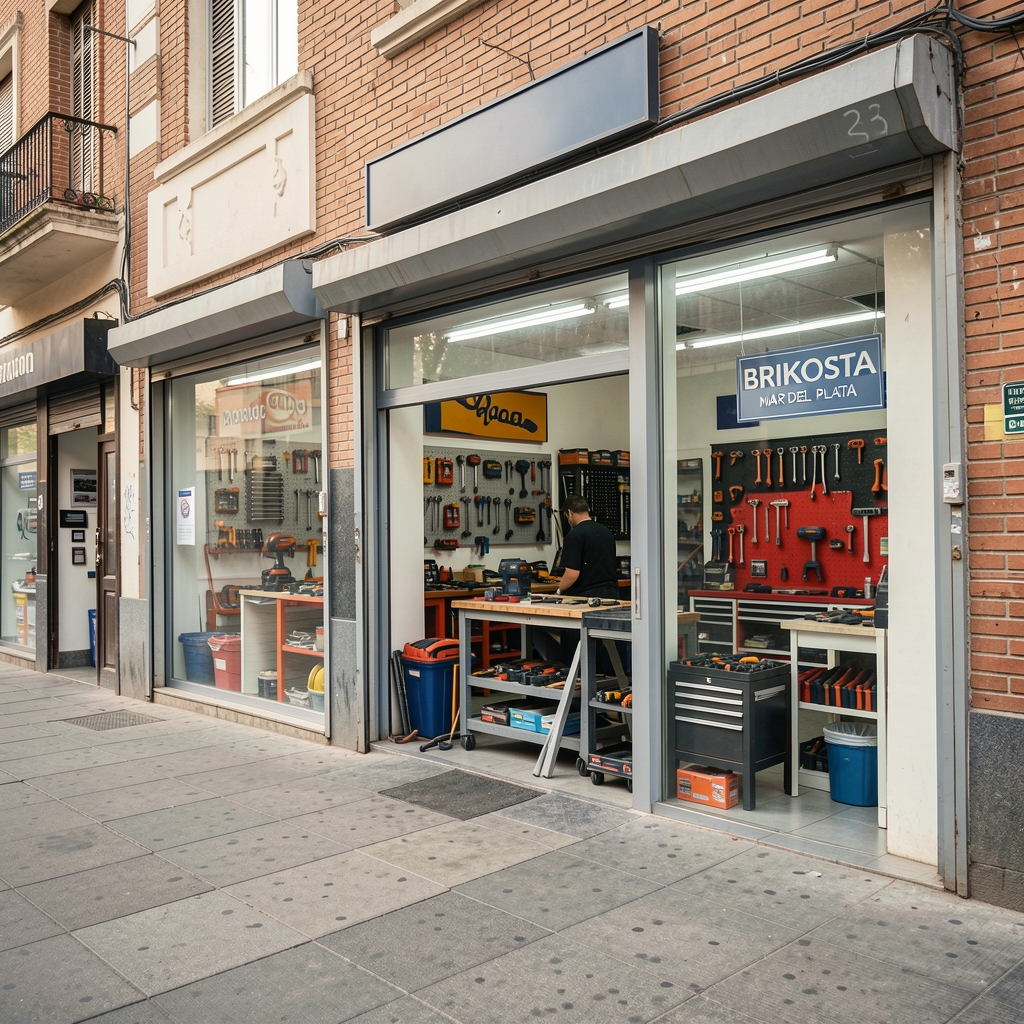 Sede de Brikosta en Mar del Plata, local comercial con exhibición de herramientas profesionales y equipo de trabajo