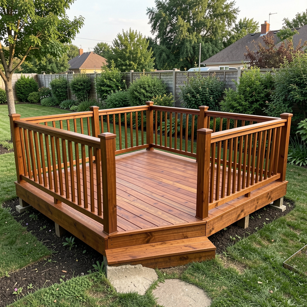 Terraza de madera deck recién construida con barandas de madera y acabado barnizado, construcción DIY en jardín residencial