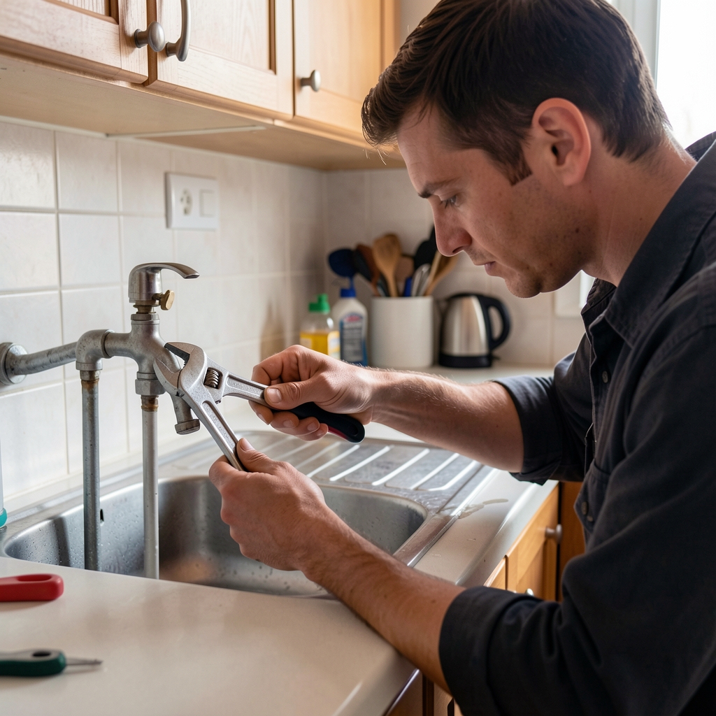 Persona realizando mantenimiento preventivo de grifo de cocina con llave inglesa ajustable en plomería doméstica