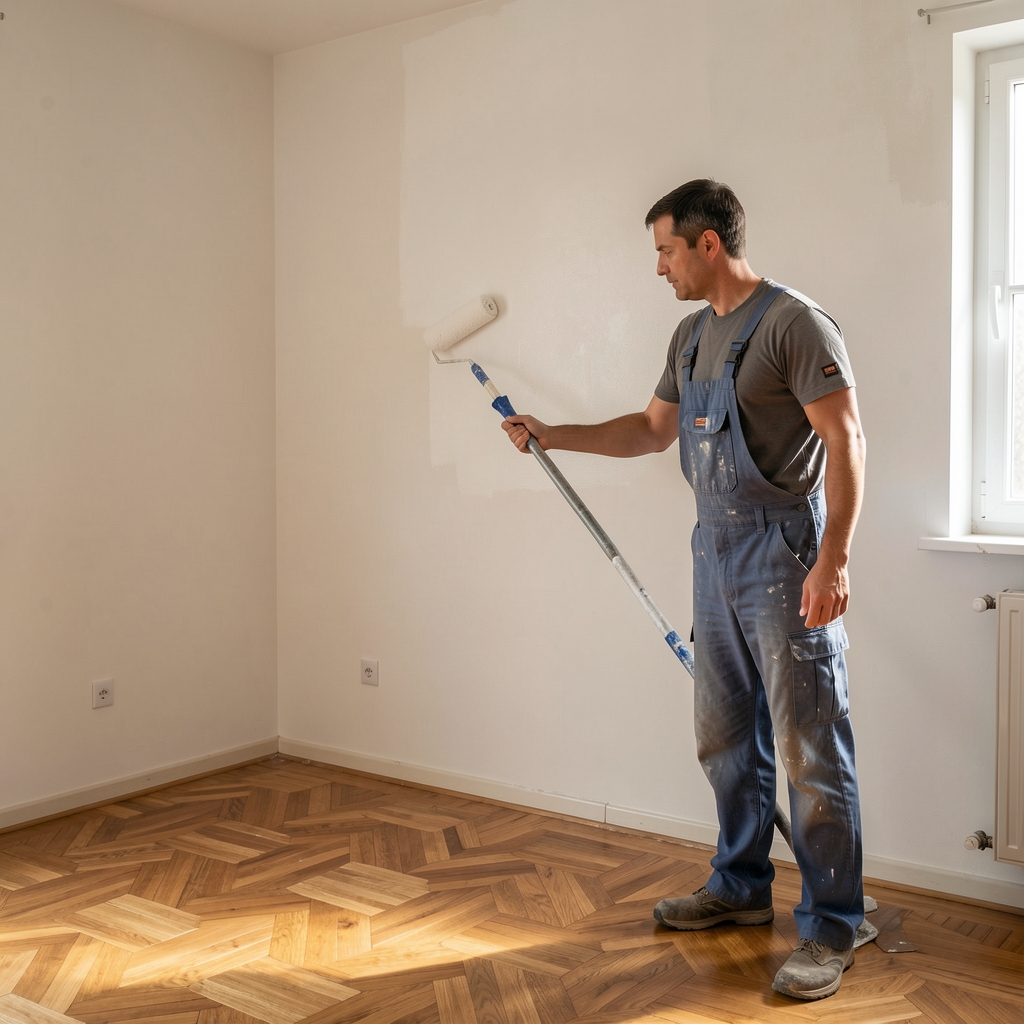 Técnica profesional de pintado de pared con rodillo de microfibra y pintura latex, persona aplicando pintura blanca en habitación renovada