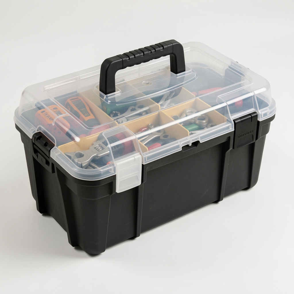 Caja de herramientas plástica resistente con doble cierre metálico, organizador interno, color naranja y negro, 18 pulgadas