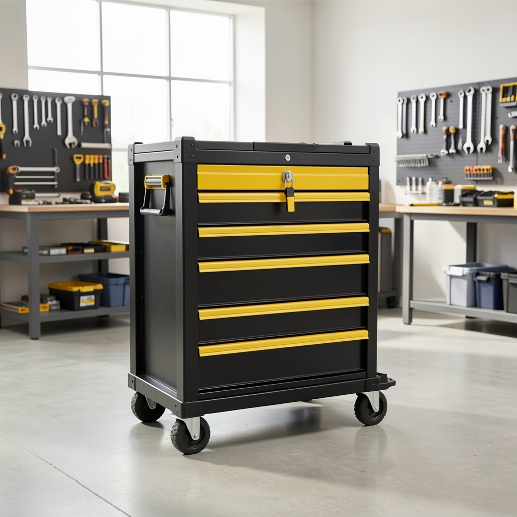 Carro organizador de herramientas Stanley FATMAX con tres cajones deslizantes y cerradura, color negro y amarillo