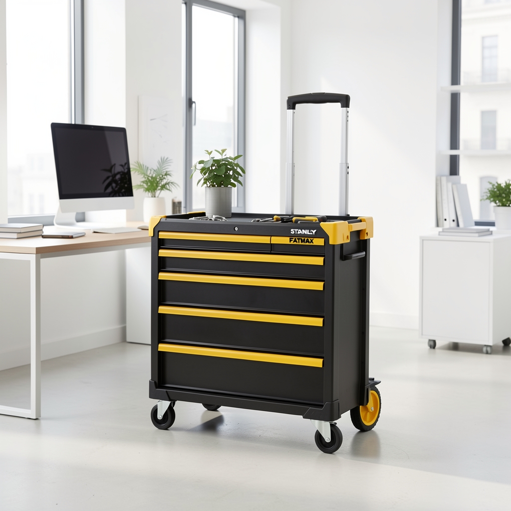 Caja organizadora de herramientas Stanley FATMAX con tres cajones, ruedas y asa telescópica, color negro y amarillo