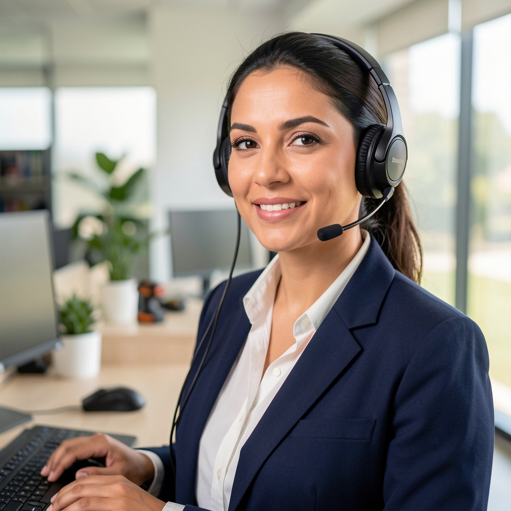 Ana Rodríguez, atención al cliente de Brikosta, mujer con auriculares en oficina moderna atendiendo consultas de herramientas