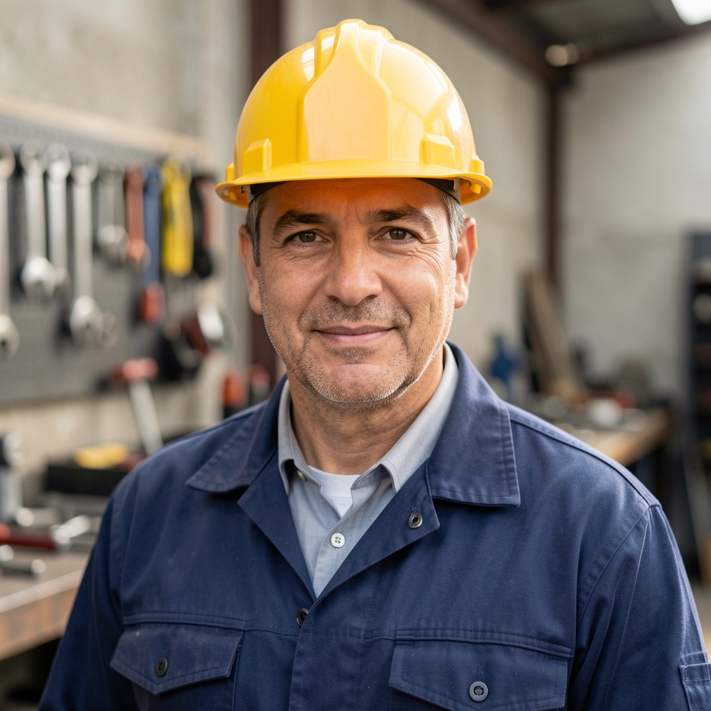 Diego Martínez, fundador y director técnico de Brikosta, hombre de 40 años con casco de obra en taller de herramientas