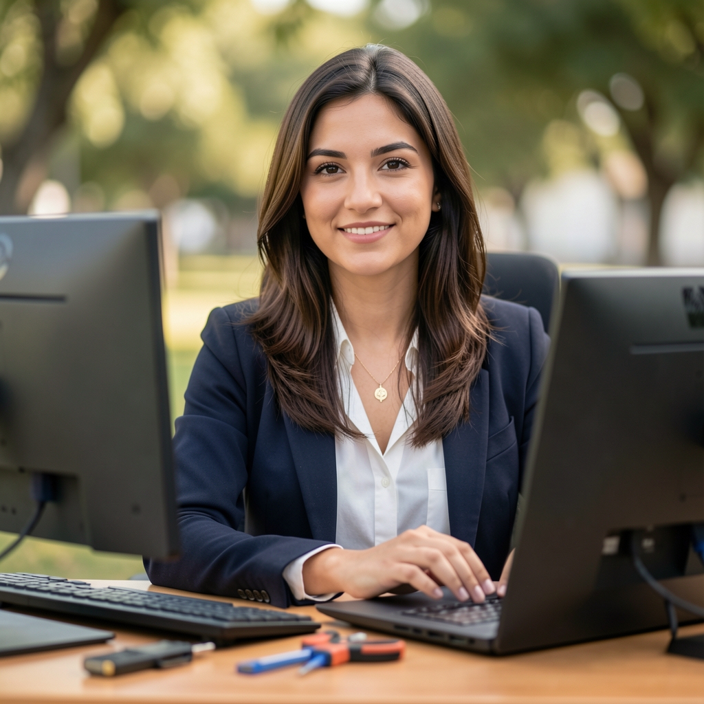 Lucía Fernández, jefa de contenido de Brikosta, mujer joven en escritorio con computadora y herramientas sobre la mesa